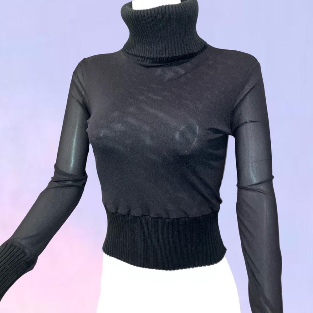 Vintage 90s y2k black mesh french turtleneck